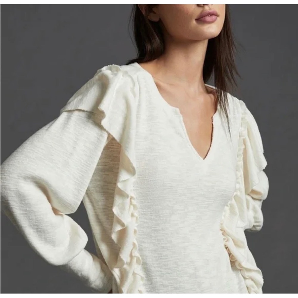 Pilcro Anthropologie Cream Ruffle Notched V-Neck Long Sleeve Knit Top Medium‎